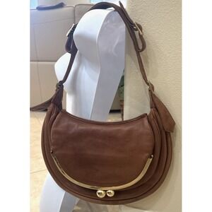 Bulga Brown Leather Shoulder Bag Purse Fold Over Cresent Gold Large Kiss Lock